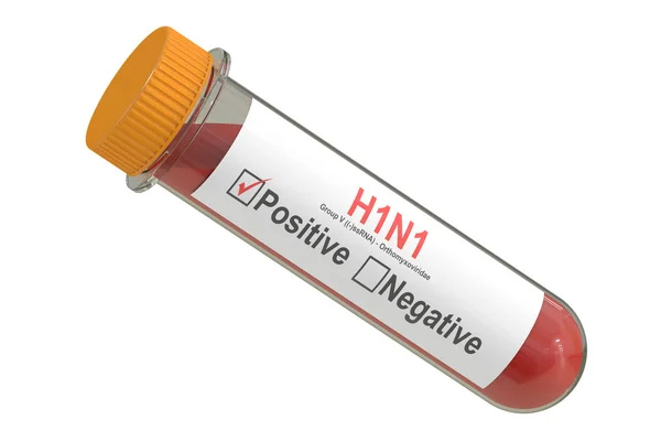 Tubo de teste com amostra de sangue positiva com vírus H1N1, renderi 3D — Fotografia de Stock