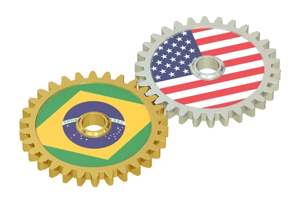 Concepto de relaciones Brasil y Estados Unidos, banderas en un engranaje. 3D —  Fotos de Stock