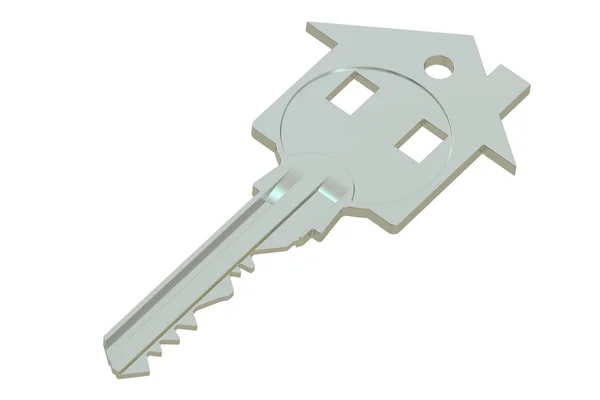 Серебряный домашний ключ с силуэтом дома, 3D рендеринг — стоковое фото