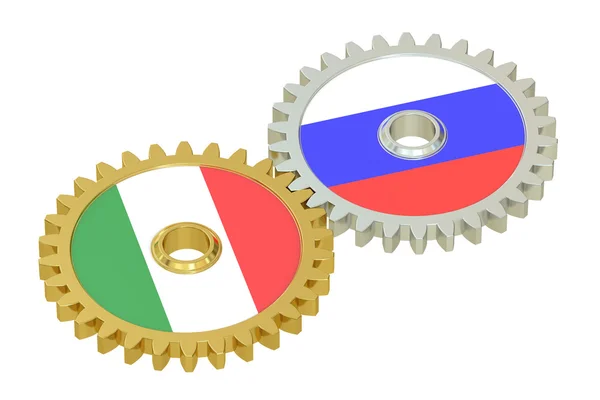 Rosja i Włochy flagi na koła zębate, renderowania 3d — Zdjęcie stockowe