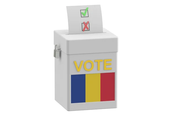 Conceito de voto. Caixa de cédula com bandeira da Romênia, renderização 3D — Fotografia de Stock