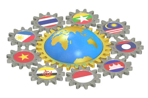 Concept ASEAN avec engrenages, rendu 3D — Photo