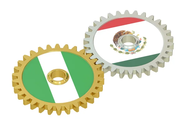 Mexiko a Nigérie vlajky na Ozubená kola, 3d vykreslování — Stock fotografie