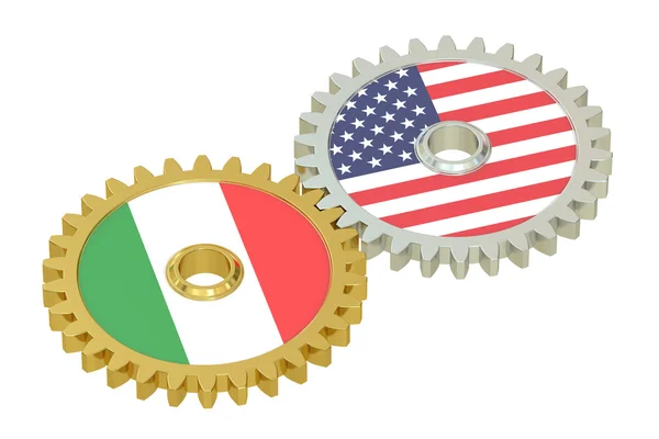 Itália e Estados Unidos relações conceito, bandeiras em uma engrenagem. 3D — Fotografia de Stock