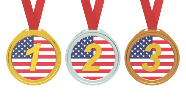 Medallas de oro, plata y bronce con bandera de Estados Unidos, representación 3D — Foto de Stock