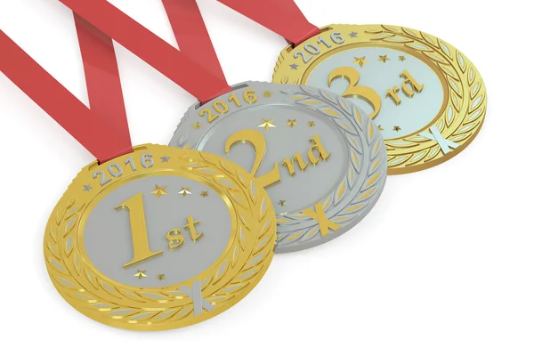 Золотая, серебряная и бронзовая медали 2016 года, 3D рендеринг — стоковое фото