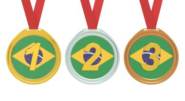 Altın, gümüş ve bronz madalya ile Brezilya bayrağı, 3d render 