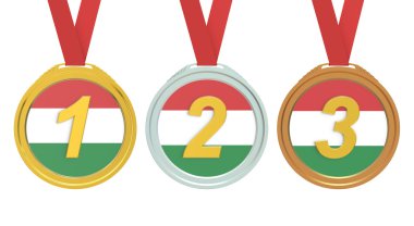 Altın, gümüş ve bronz madalya ile Macaristan bayrağı, 3d render 