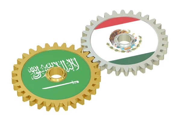 Mexico en Saoedi-Arabië leeuwenvlaggetjes op een gears, 3D-rendering — Stockfoto