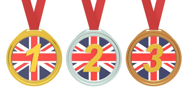 Medallas de oro, plata y bronce con bandera del Reino Unido, representación 3D — Foto de Stock