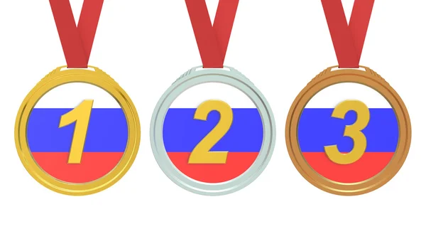 Gouden, zilveren en bronzen medailles met Russische vlag, 3D-rendering — Stockfoto