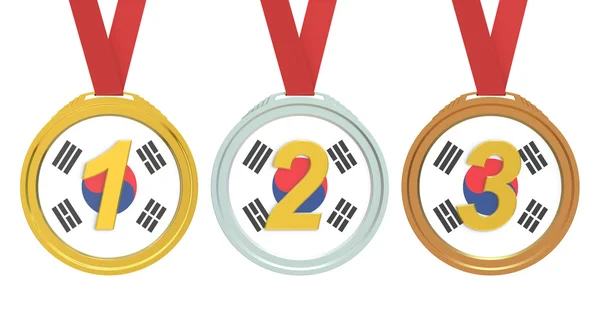 Gold, Silver and Bronze medals with South Korea flag, 3D renderi