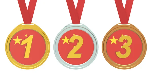 골드, 실버 및 브론즈 메달 중국 플래그, 3 차원 렌더링 — 스톡 사진