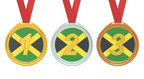 Gold, Silver and Bronze medals with Jamaica flag, 3D rendering — Stock Photo, Image