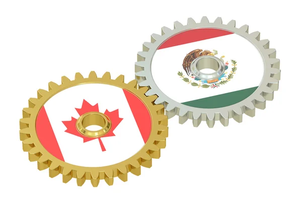 Mexico en Canada leeuwenvlaggetjes op een gears, 3D-rendering — Stockfoto