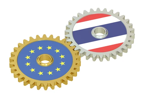 Bandeiras da UE e da Tailândia em engrenagens, renderização 3D — Fotografia de Stock