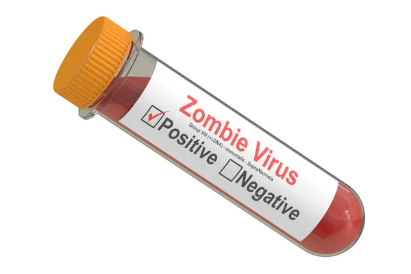 Тестовая трубка с образцом крови положительным на зомби-вирус, 3D ренде — стоковое фото