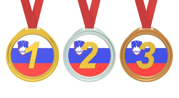 Gouden, zilveren en bronzen medailles met Slovenië vlag, 3D-rendering — Stockfoto