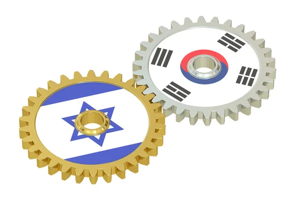 Banderas de Israel y Corea del Sur en un engranaje, representación 3D —  Fotos de Stock