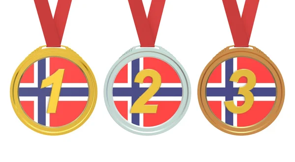 골드, 실버 및 브론즈 메달 노르웨이 플래그, 3 차원 렌더링 — 스톡 사진