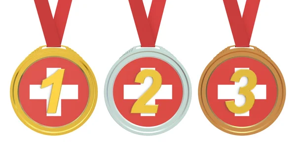 Gouden, zilveren en bronzen medailles met Zwitserland vlag, 3D-renderi — Stockfoto