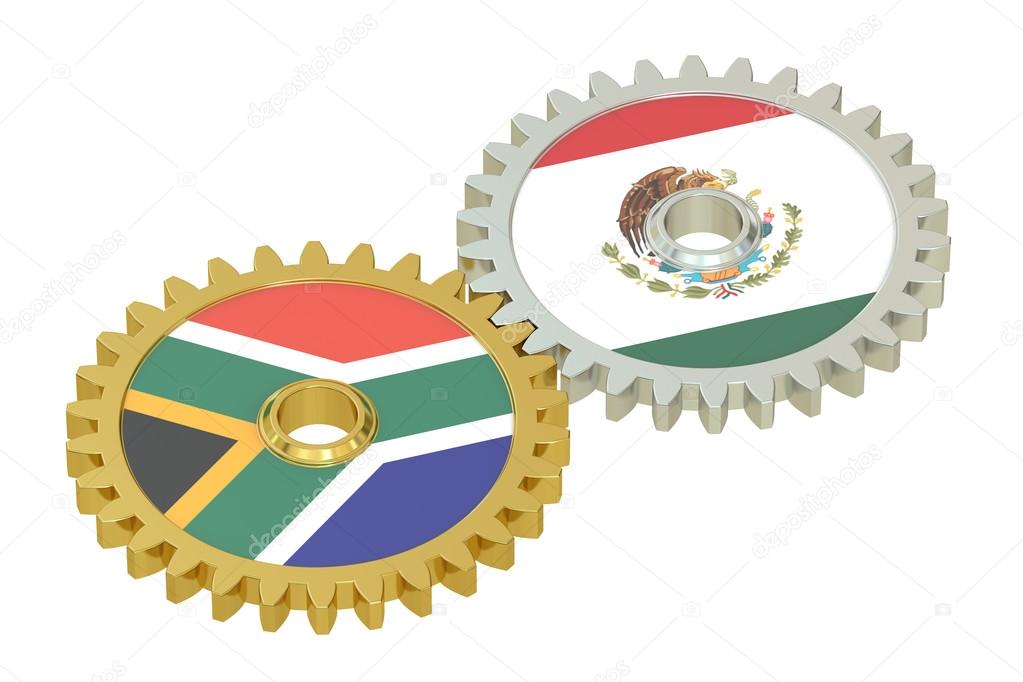 South Africa and Mexico relations concept, flags on a gears. 3D — Stock