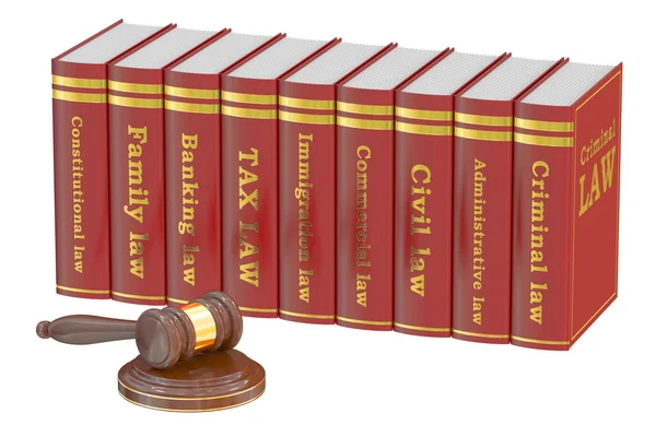 Tahta tokmak ve hukuk kitapları, 3d render — Stok fotoğraf