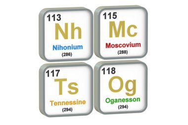 Nihonium, Moscovium, Tennessine, Oganesson kimyasal elementler, 3d