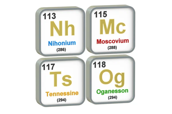 Nihoniu, Moscovium, Tennessine, Oganesson elemente chimice, 3D — Fotografie, imagine de stoc