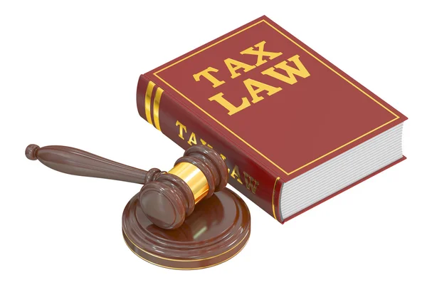 Houten hamer en boek van de wet van belasting, 3D-rendering — Stockfoto