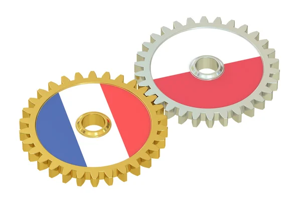Bandeiras da França e da Polônia em uma engrenagem, renderização 3D — Fotografia de Stock