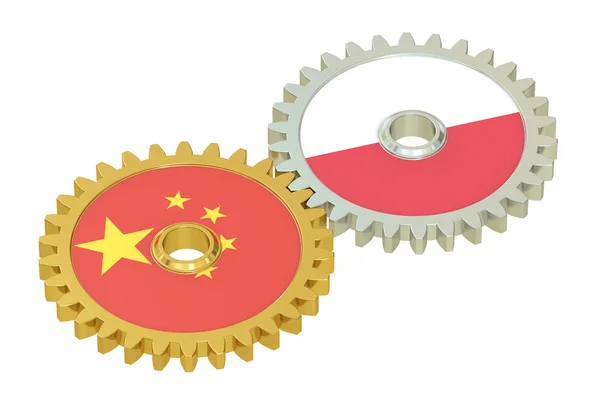 China en Polen leeuwenvlaggetjes op een gears, 3D-rendering — Stockfoto