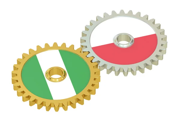 Nigérie a Polsko vlajky na Ozubená kola, 3d vykreslování — Stock fotografie