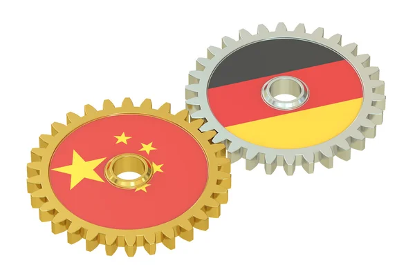 China en Duitsland leeuwenvlaggetjes op een gears, 3D-rendering — Stockfoto