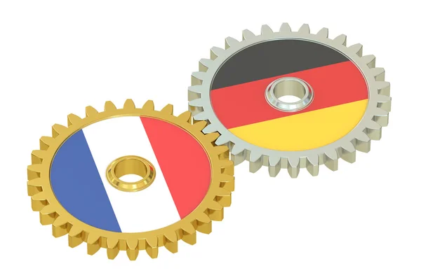 Bandeiras da França e da Alemanha em engrenagens, renderização 3D — Fotografia de Stock