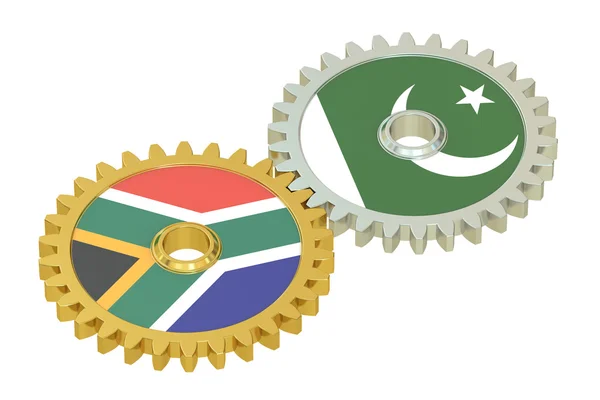 Südafrikanische und pakistanische Flaggen auf einem Getriebe, 3D-Darstellung — Stockfoto