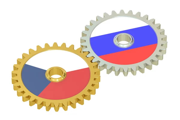Tsjechië en Rusland leeuwenvlaggetjes op een gears, 3D-rendering — Stockfoto