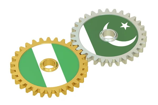 Drapeaux Nigéria et Pakistan sur un engrenage, rendu 3D — Photo