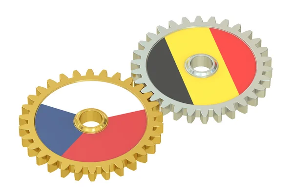 Tsjechië en België leeuwenvlaggetjes op een gears, 3D-rendering — Stockfoto