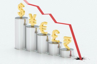 Düşen çubuk grafik sembolleri para birimlerinin, 3d render ile