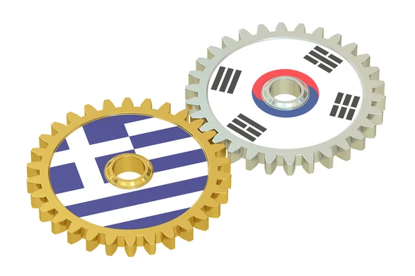 Südkoreanische und griechische Flaggen auf einem Getriebe, 3D-Darstellung — Stockfoto