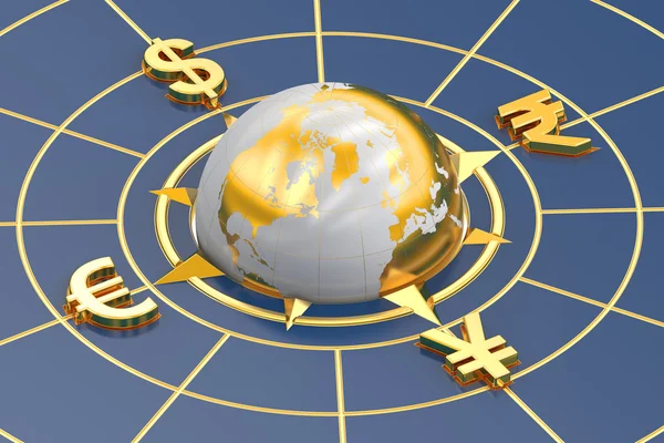 Para kavramı, küresel para birimleri. 3D render — Stok fotoğraf
