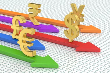 para kavramı, küresel para birimleri. 3D render