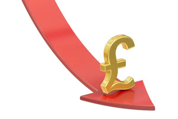 Falling red arrow with symbol of pound sterling, crisis concept. — Stock Photo, Image