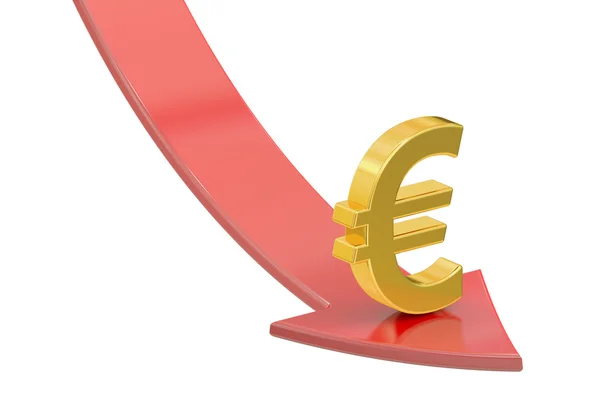 Dalende rode pijl met symbool van de euro, crisis concept. 3D render — Stockfoto