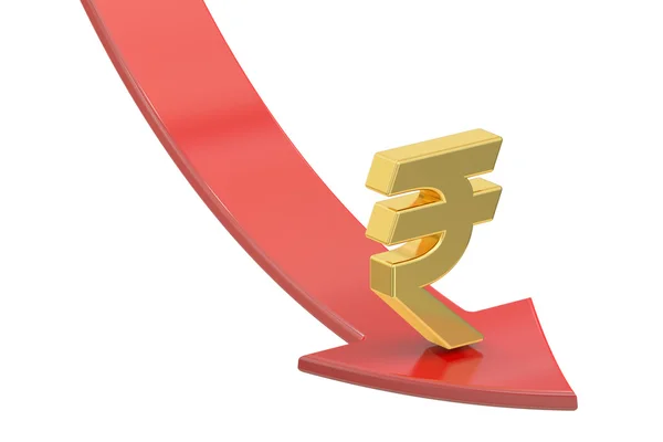Freccia rossa cadente con simbolo di rupia, concetto di crisi. rende 3D — Foto Stock