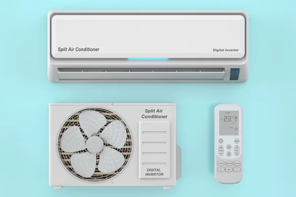 Modern air conditioner system with unit and remote control, 3D r — Stock Photo, Image