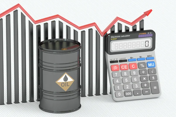 Concepto de precio del petróleo, gráfico con calculadora y barril de petróleo. 3D rend — Foto de Stock