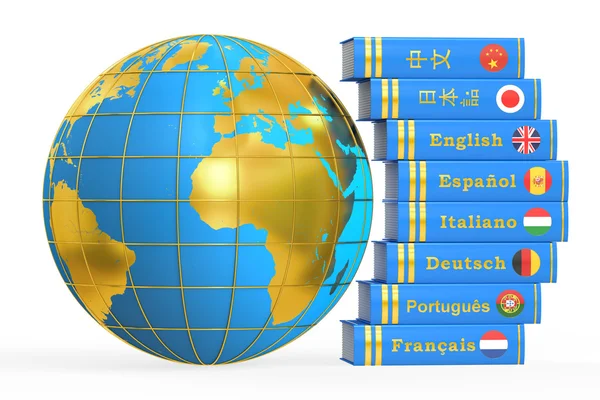 Pilas de diccionarios con Globe, representación 3D — Foto de Stock