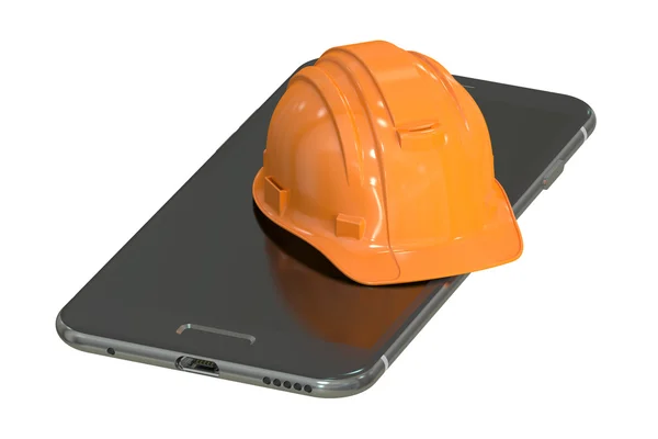 建設のハード帽子とスマート フォン、サービスおよび修理の概念 — ストック写真